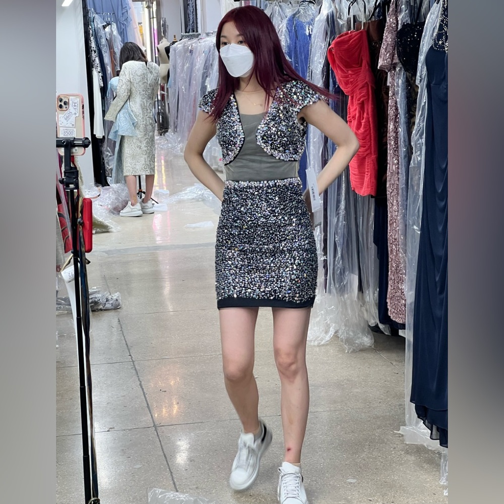 Jovani Silver Sequin Mini Dress with Cap Sleeve Jacket